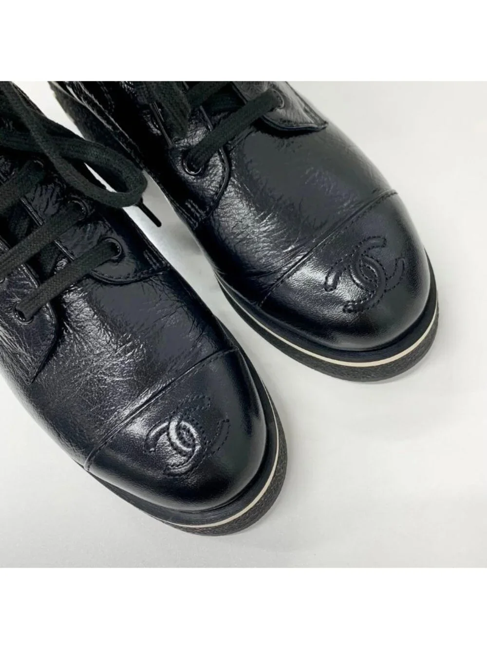 Chanel CC Logo Leather Lace Up Short Boots Black